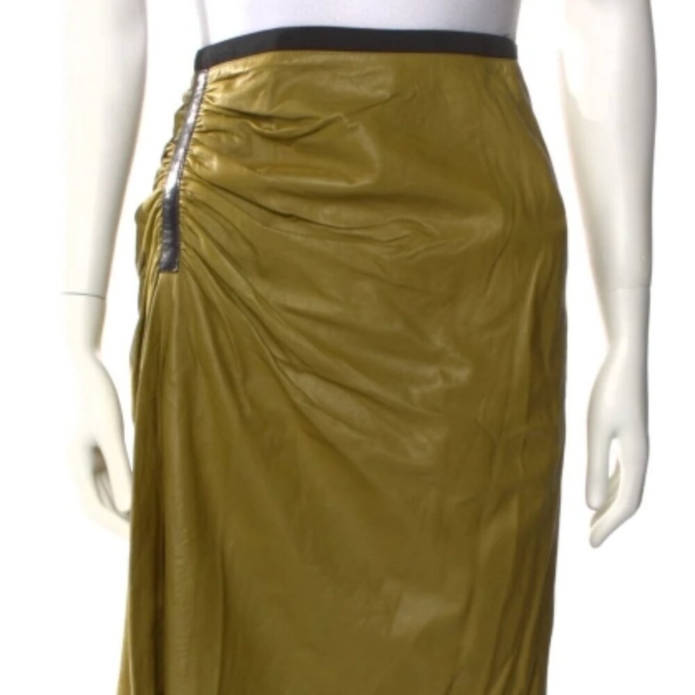 NWOT Reed Krakoff Lambskin Leather Olive Green Midi Skirt in Olive S $800